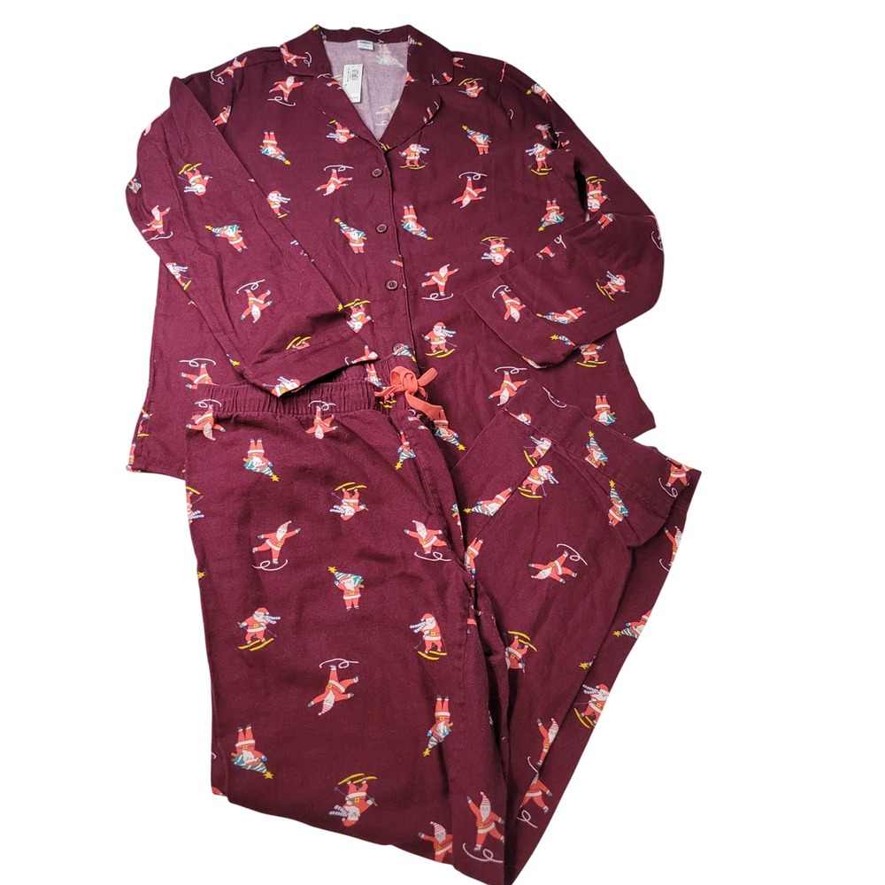 Old Navy Mens Pajama Set Maroon Skiing Santa Flannel Button Up M